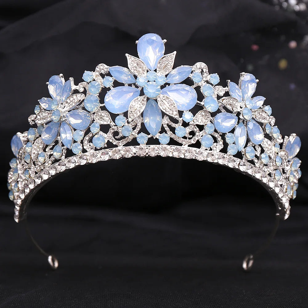 Baroque Green Opal Crystal Flowers Wedding Crown Bride Tiaras Rhinestone Diadem Pageant Crowns Bridal Hair Jewelry Accessories