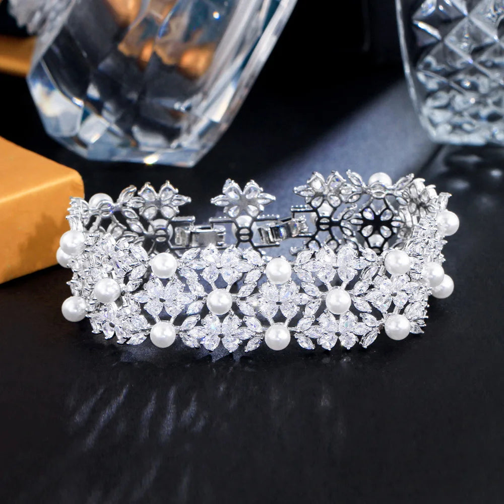 Chunky White Cluster Cubic Zircon Flower Big Bridal Pearl Bracelets for Wedding Engagement Party Jewelry Gifts - EUFASHIONBAGS