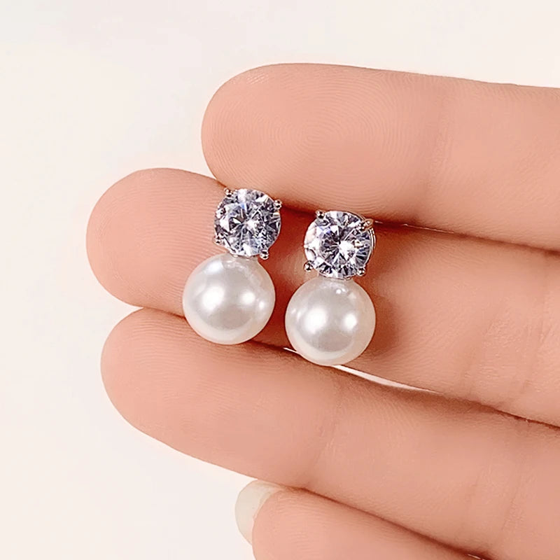 Dainty Women Imitation Pearl Stud Earrings Silver Color Eternity Wedding Earrings Daily Wear Temperament Elegant Jewelry