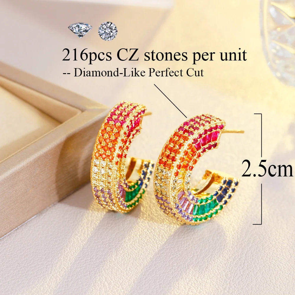 Luxury Half Round C Shape Multicolor Rainbow CZ Women Hoop Earrings Gold Plated Heavy Cubic Zirconia Jewelry - EUFASHIONBAGS