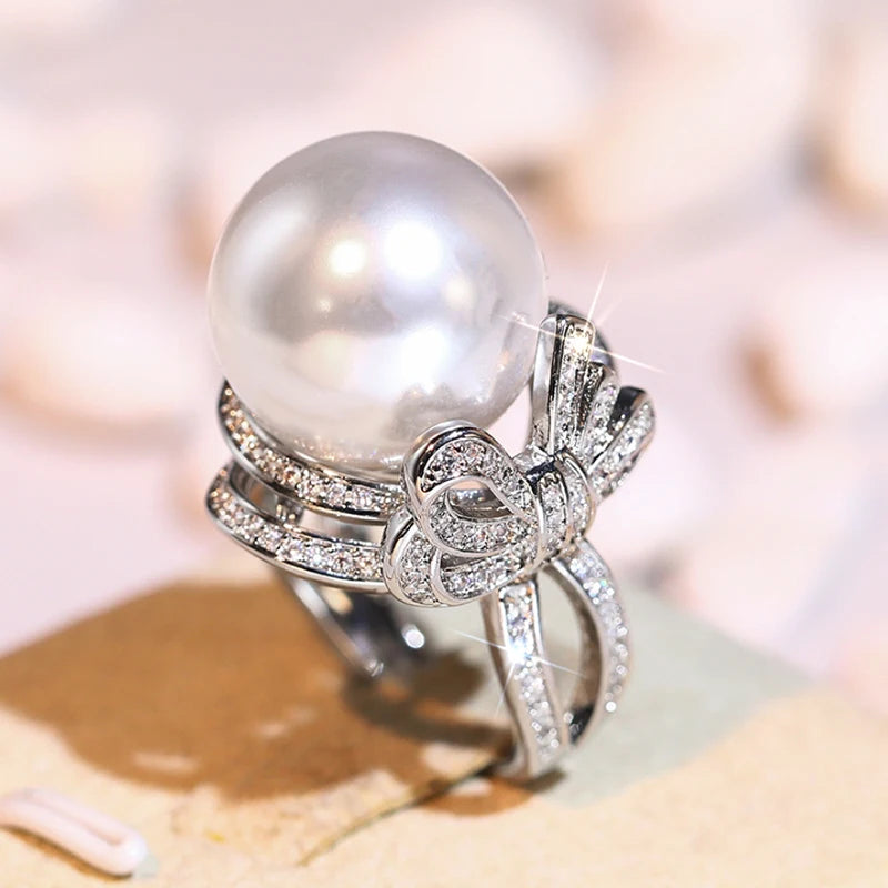 Bowknot Finger Ring Lady Graceful Simulated Pearl Accessories for Wedding Party Bright CZ Jewelry for Engagement