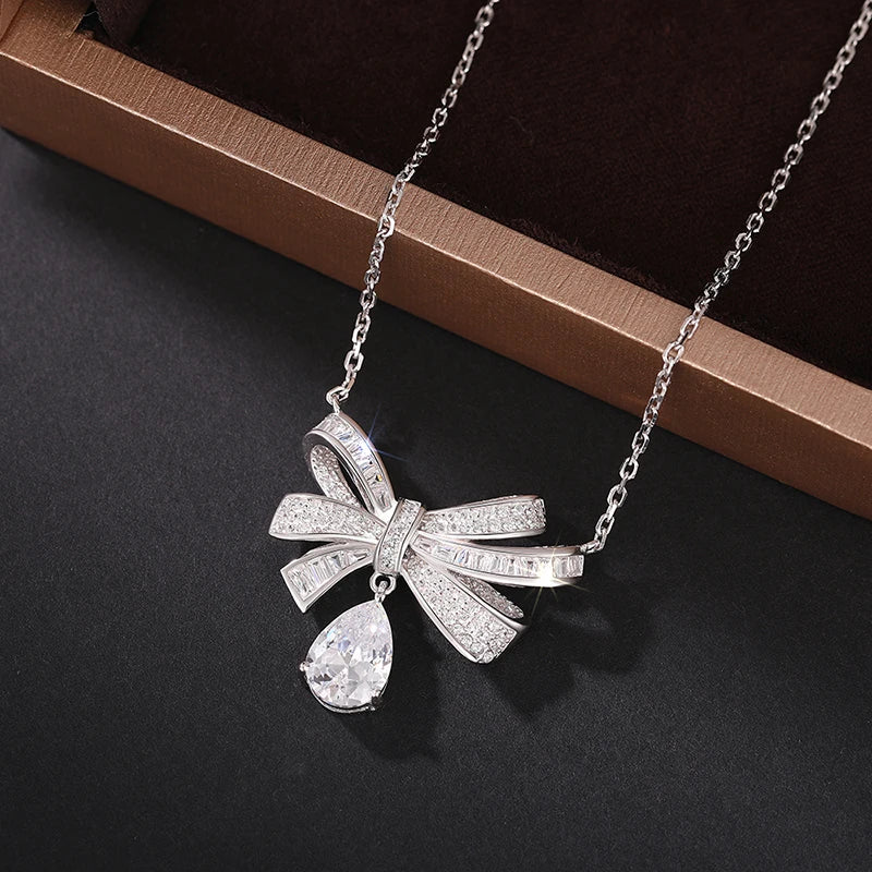 Aesthetic Bowknot Pendant Necklace Lady Wedding Jewelry with Bright Zirconia Graceful Female Luxury Accessories for Party - EUFASHIONBAGS