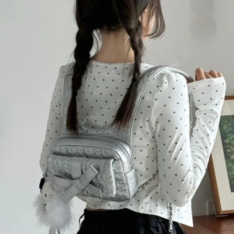 Silver Y2k Backpacks Women Fairy Core Bow Star Chic Mini Backpack Schoolbag Girls 2025 New Mochila Aesthetic