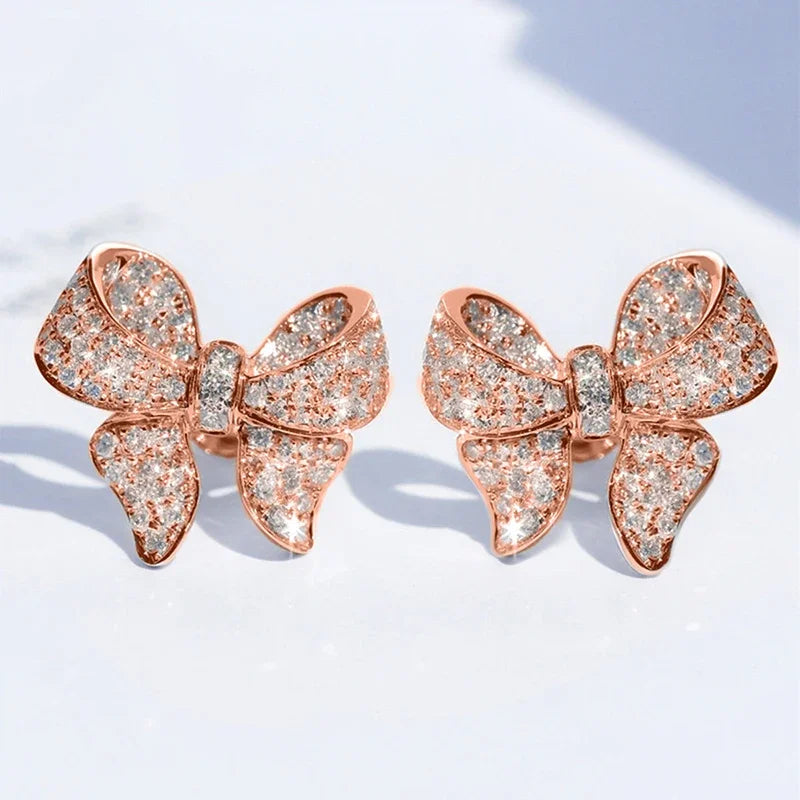 Bling Bling Bowknot Design Stud Earrings for Women Delicate Sweet Girls Party Jewelry Graceful Wedding Bridal Accessories