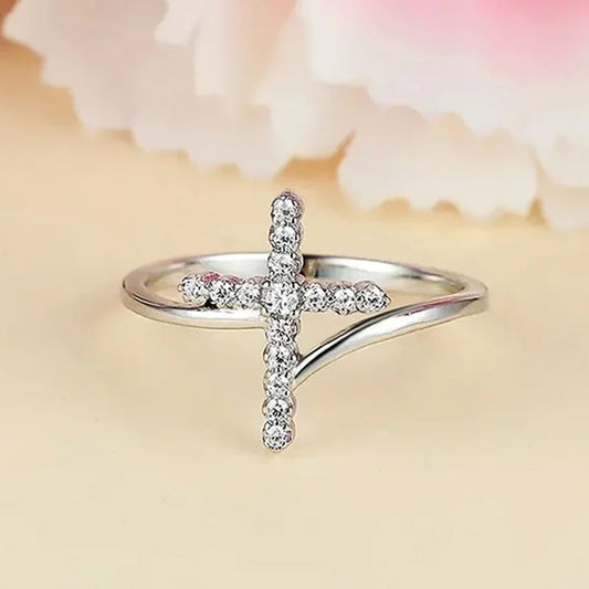 Glossy Cross Designed Rings with Shiny Cubic Zirconia Novel Fashion Wedding Party Jewelry Versatile Accessories for Women - EUFASHIONBAGS