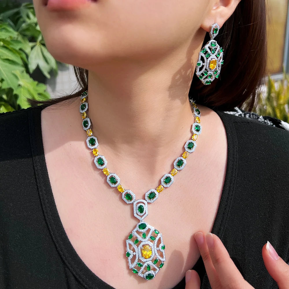 Yellow Green Cubic Zirconia Wedding Banquet Big Chunky Necklace and Earrings Bridal Party Costume Jewelry Sets - EUFASHIONBAGS