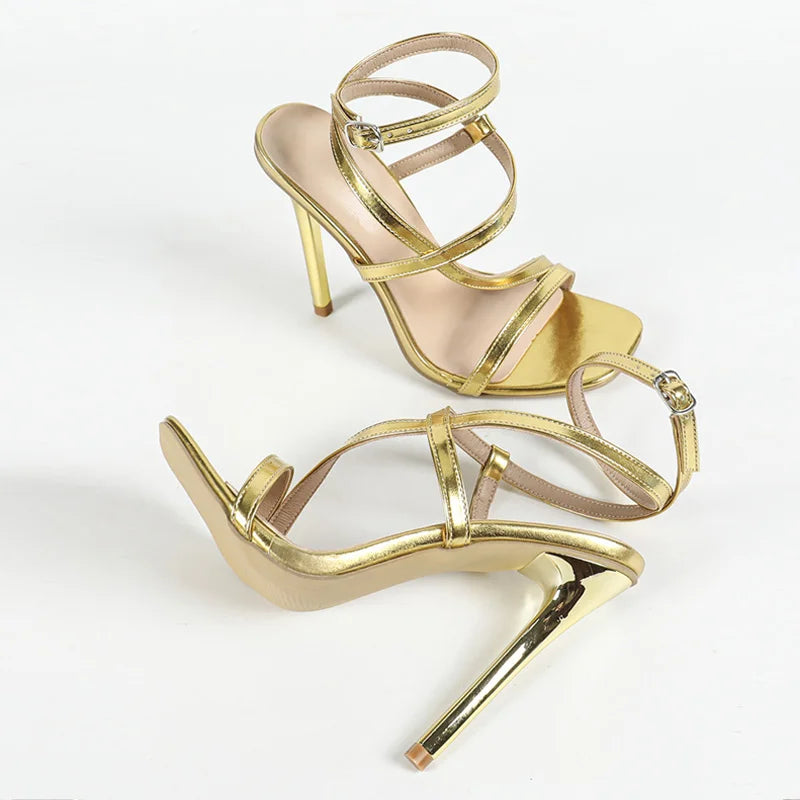 High Quality Soft Cozy Leather Ankle Strap Gold Sandals Women Summer Fashion Square Toe Metal Heels Wedding Prom Shoes - EUFASHIONBAGS