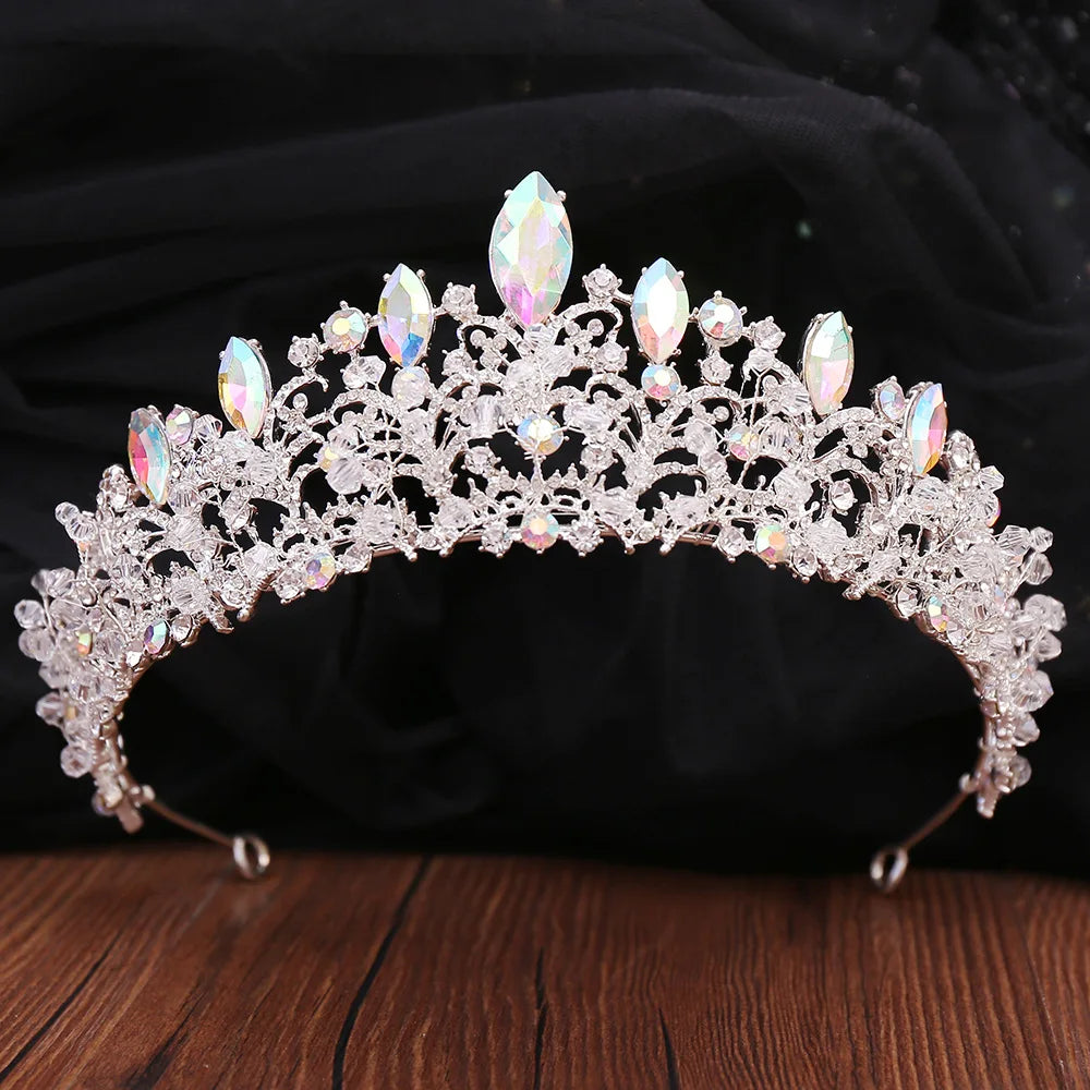 Luxury Silver Color AB Crystal Bridal Tiaras Baroque Crown Headband Bride Party Rhinestone Diadem Wedding Hair Jewelry Ornaments - EUFASHIONBAGS