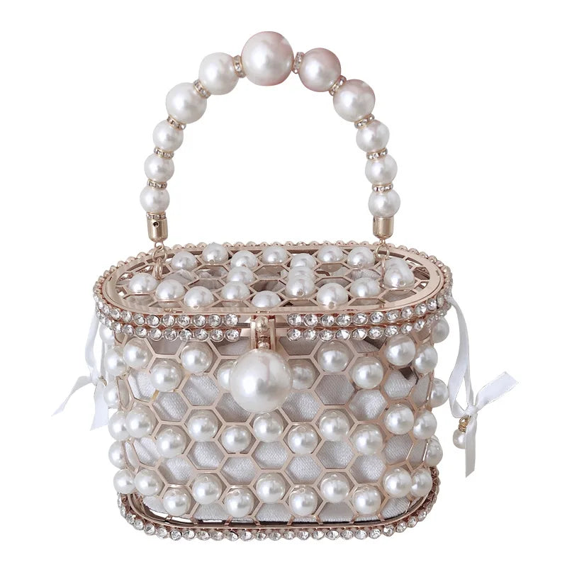 Luxury Designer Pearl Handbag and Purses For Women Hollow Out Wedding Party Clutch Bag Rhinestone Metal Handle Evening Bags