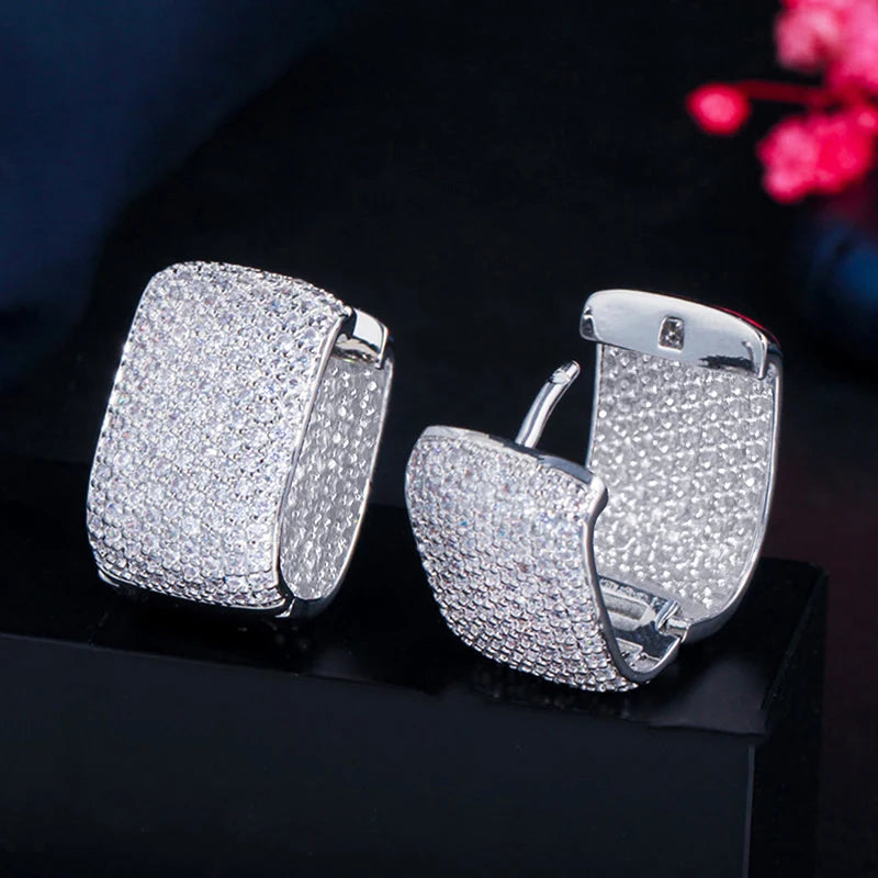 Full Cubic Zirconia Hoop Earrings for Women Bling Bling Temperament Female Ear Accessories Luxury Bridal Wedding Jewelry - EUFASHIONBAGS