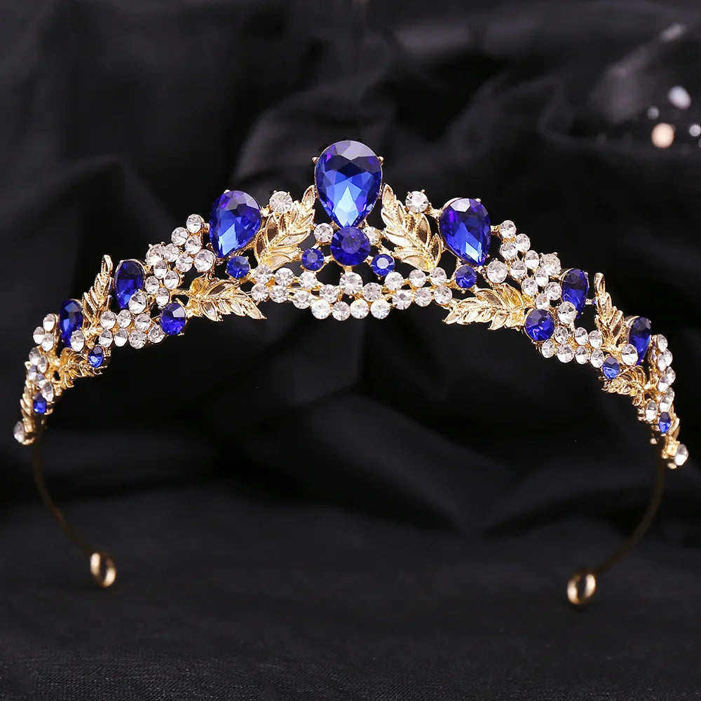 Baroque Gold Color Blue Diadem Rhinestone Crystal Tiaras Bride Headdress Princess Wedding Crown Pageant Hair Jewelry Accessories - EUFASHIONBAGS