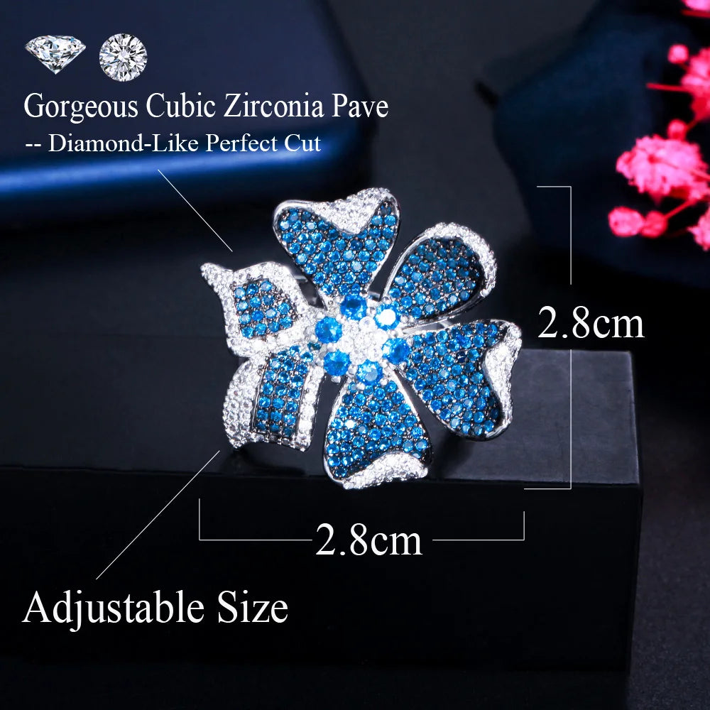 Two Tones Silver Plated Light Blue Cubic Zirconia Big Chunky 3D Geometric Flower Adjustable Party Ring for Women