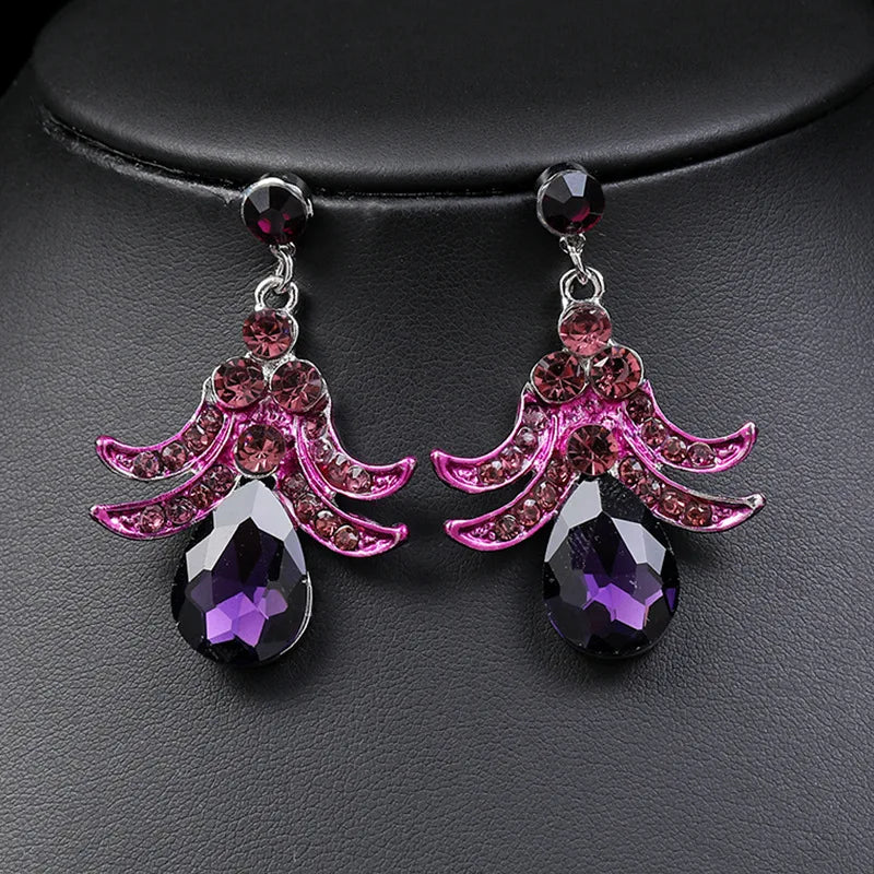 Luxury Purple Crystal Flower Jewelry Sets For Women Wedding Party Accessories Rhinestone Stud Earrings & Necklace Gift - EUFASHIONBAGS