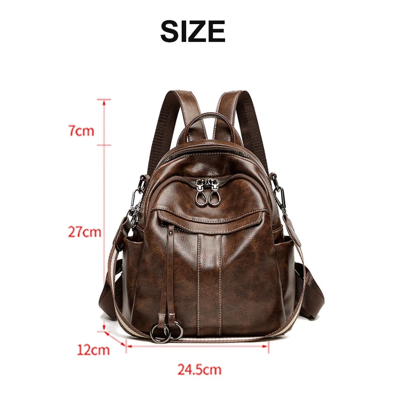 Women‘s Backpack New PU Oil Wax Leather Retro Style Women Shoulder Bag Fashion Girls Student Knapsack C9855