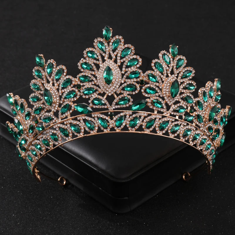 Luxury Green Color Crystal Wedding Crown Bridal Hair Accessories Women Baroque Crown Rhinestones Tiaras Bride Queen Party Crowns - EUFASHIONBAGS