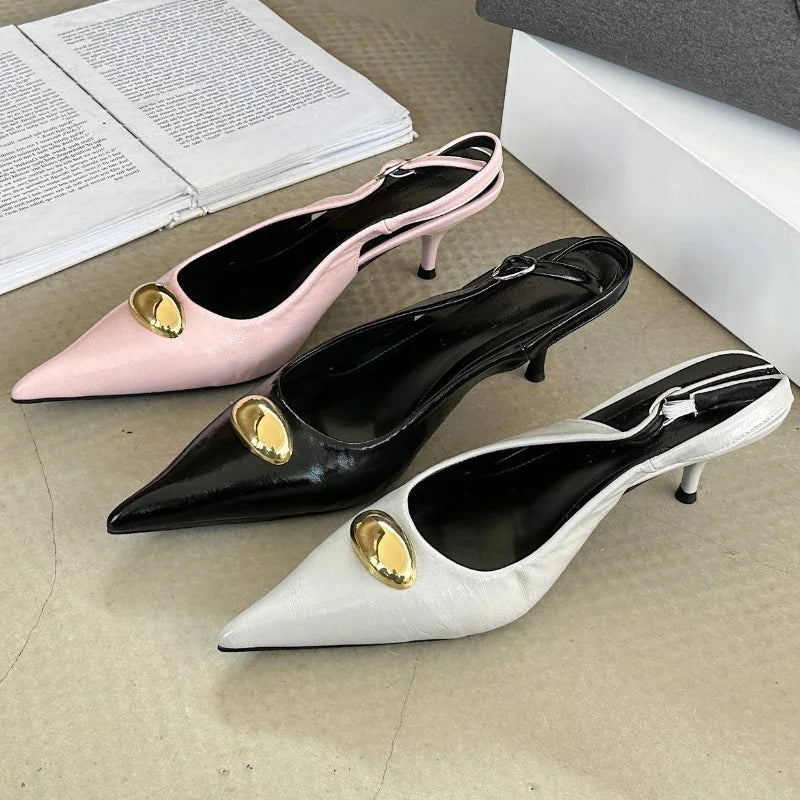 Metal Buckle Design Brand High Heels Women Sexy Pointed Slingbacks Sandals Female Fashion Banquet Dress Shoes Zapatos De Mujer