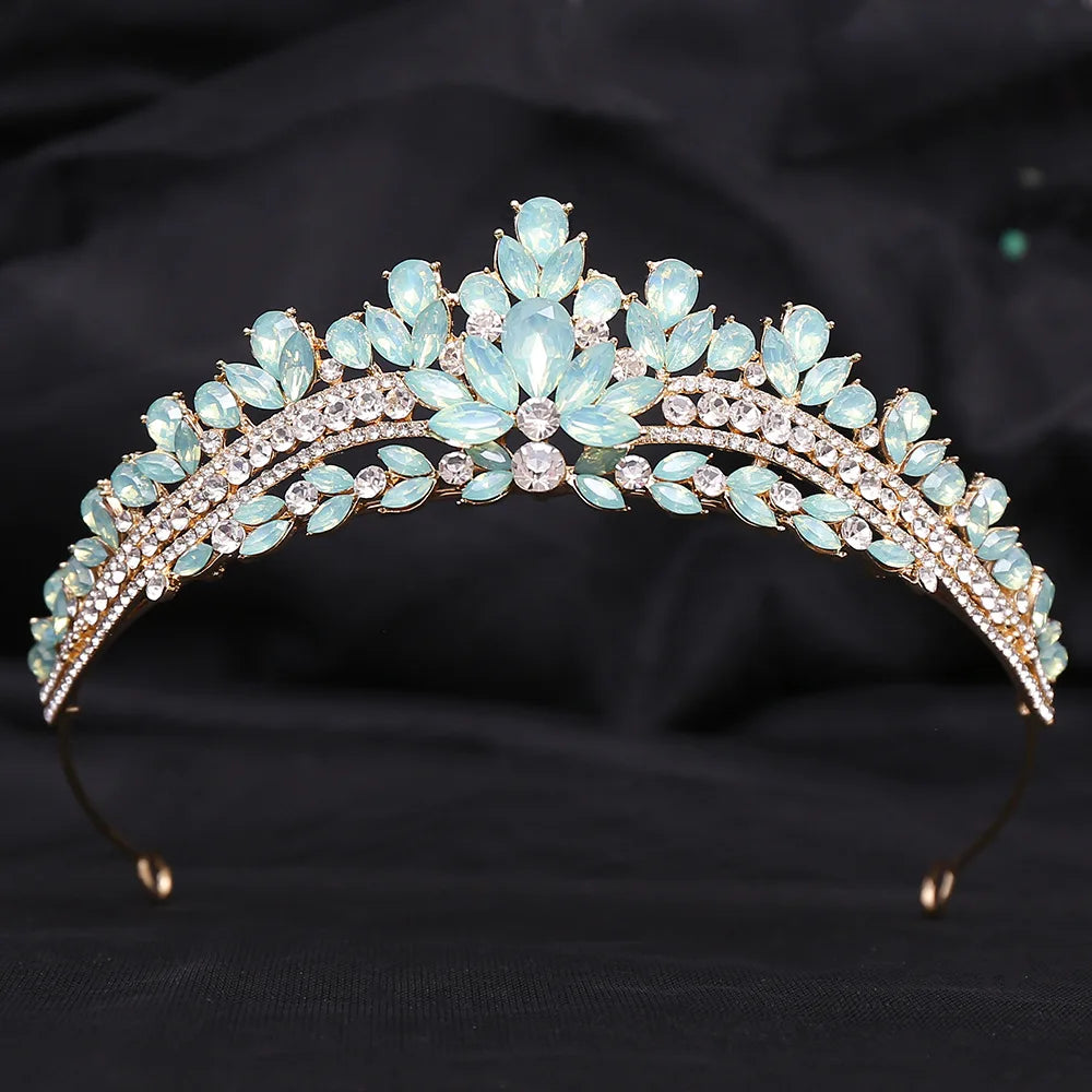 New Luxury Gold Color Green Opal Crystal Flower Water Drop Tiaras Crown Women Wedding Party Diadem Bridal Crown Hair Accessories - EUFASHIONBAGS