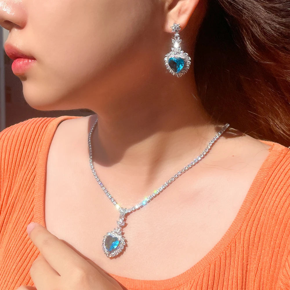 Light Ocean Blue Heart Shape CZ Crystal Necklace Earrings Jewelry Sets for Women Wedding Bridal Gift