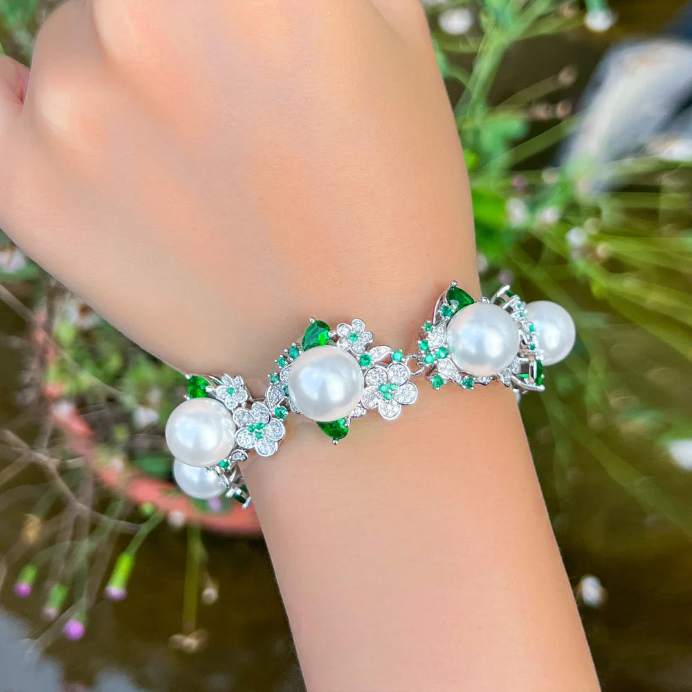 Luxury Green Cubic Zirconia Cluster Flower Wedding Engagement Bridal Big Pearl Bracelets for Women - EUFASHIONBAGS