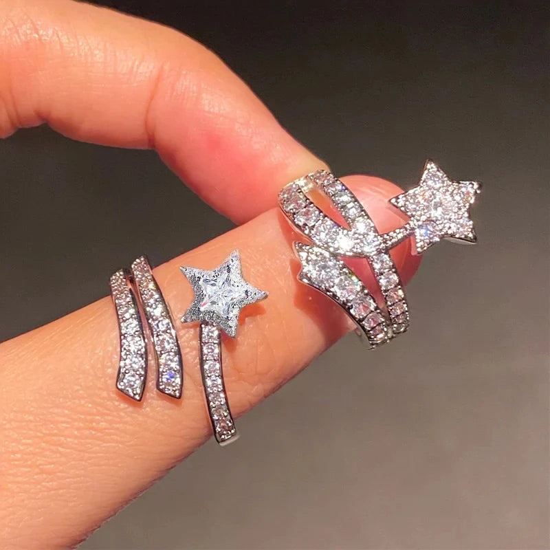 Delicate Shining Star Ring Female Fashion Engagement Party Accessories Luxury Bright CZ Wedding Band Statement Jewelry