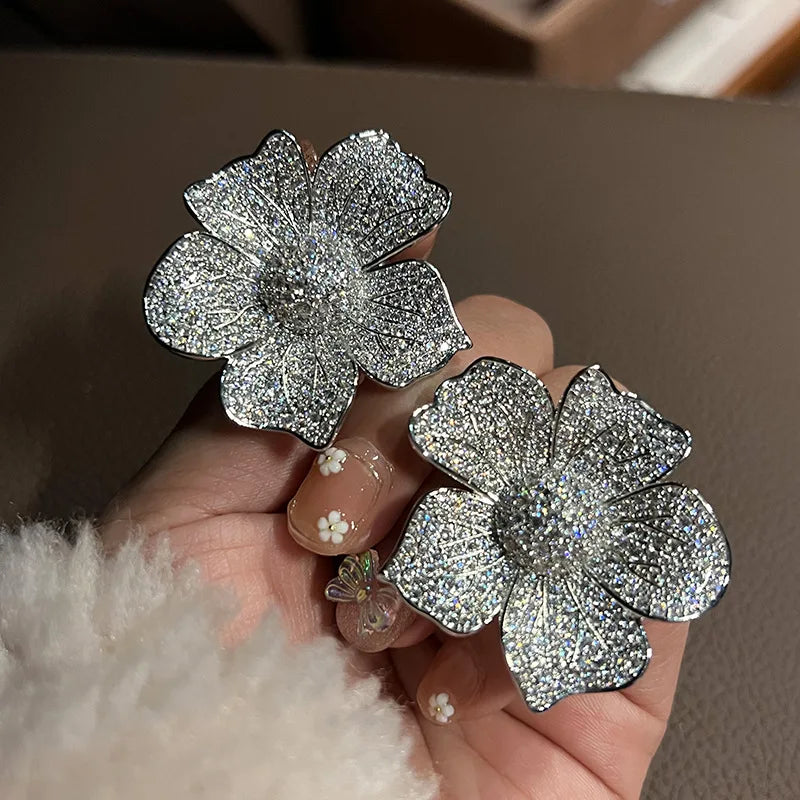 Hyperbole Big Flower Stud Earrings Aesthetic Accessories for Women Full Sparkling Cubic Zirconia Wedding Luxury Jewelry - EUFASHIONBAGS