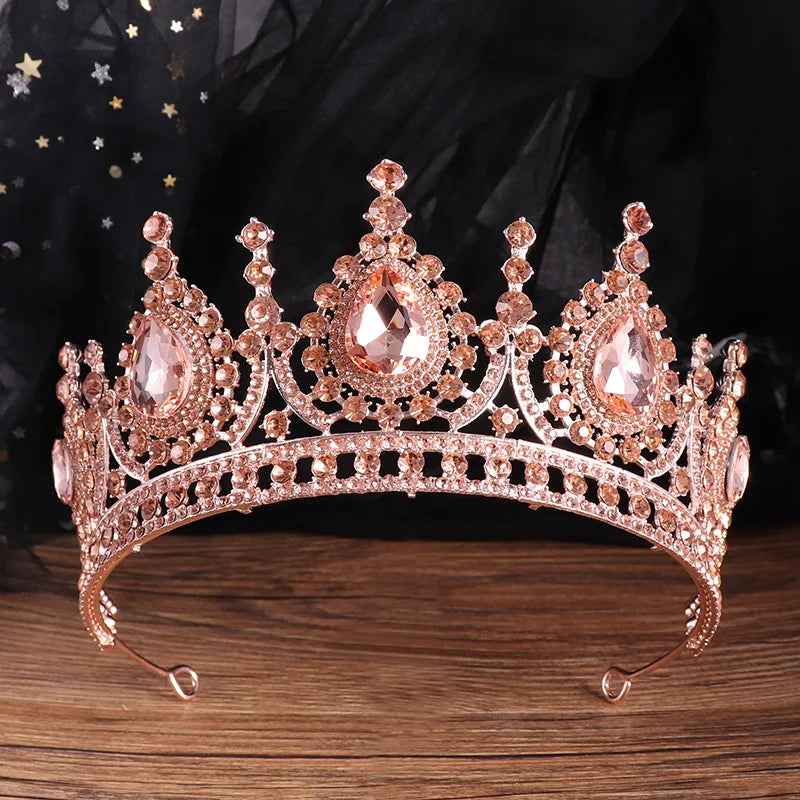 Baroque Vintage Peach Crystal Bridal Tiaras Queen Big Rhinestone Crown Women Beauty Pageant Diadem Wedding Hair Accessories Gift - EUFASHIONBAGS