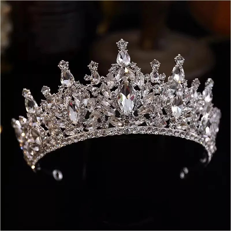 Korean Luxury Queen Water Drop Silver Color Crystal Tiaras Crown For Bride Women Girls Wedding Princess Party Hair Dress Jewelry - EUFASHIONBAGS