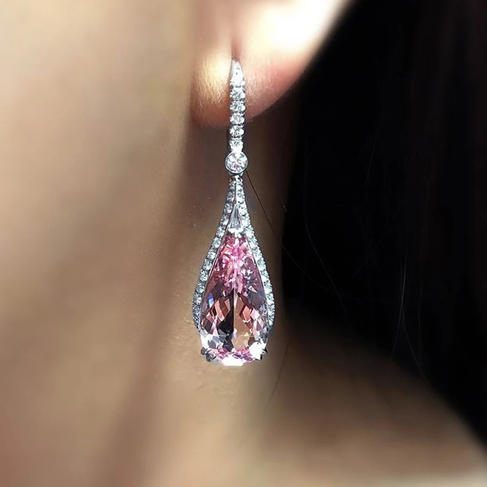 Water Drop Pink Cubic Zirconia Drop Earrings for Women Sparkling Engagement Ear Accessories Temperament Sweet New Jewelry - EUFASHIONBAGS