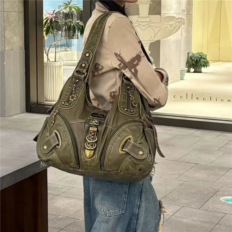 Vintage Brown Y2k Handbag Women Retro Subculture Leather Large Shoulder Bags Aesthetic Tote Bag - EUFASHIONBAGS