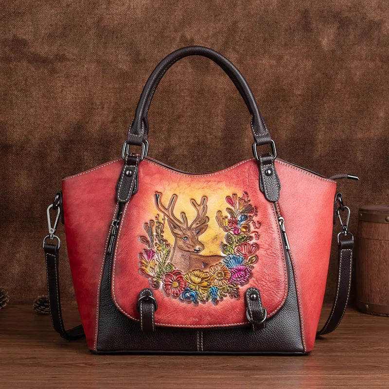 Cowhide Women's Tote Bag Vintage Deer Pattern Genuine Leather Shoulder Bags Luxury Designer High Quality Women Handbag