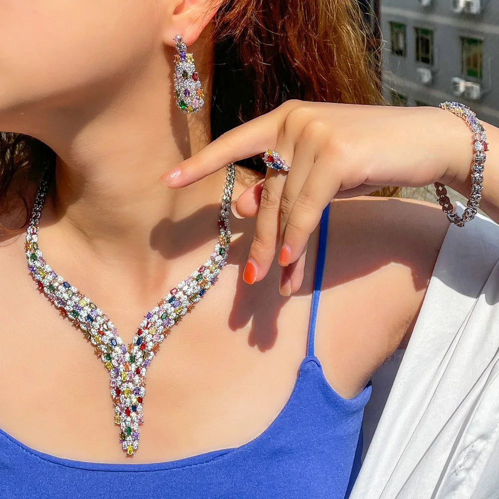 Heavy Cubic Zircon Stone Work Multicolor Big Necklace Arabic Dubai Bridal Jewelry Set Luxury Wedding Accessories - EUFASHIONBAGS