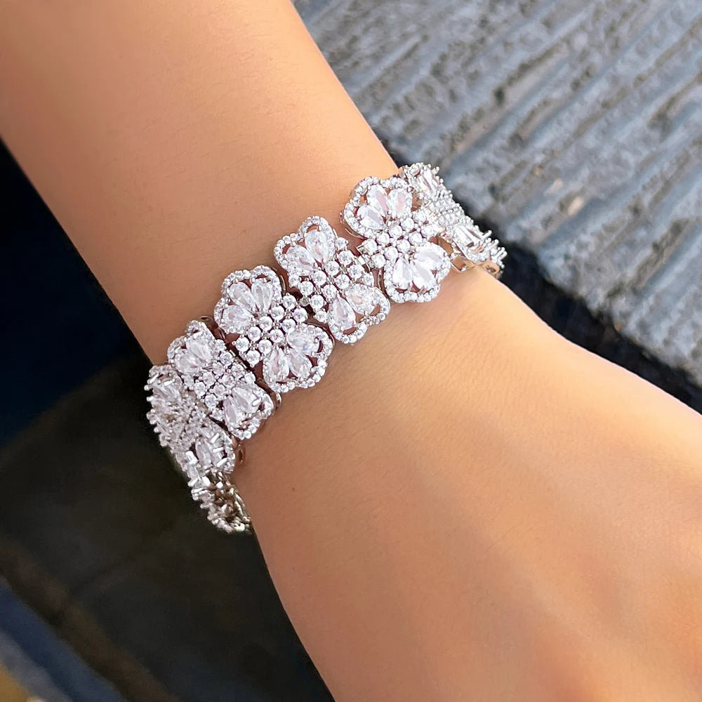 Super Luxury Flower Cluster Round Big White CZ Bracelets for Women Wedding Engagement Party Jewelry Accessories - EUFASHIONBAGS