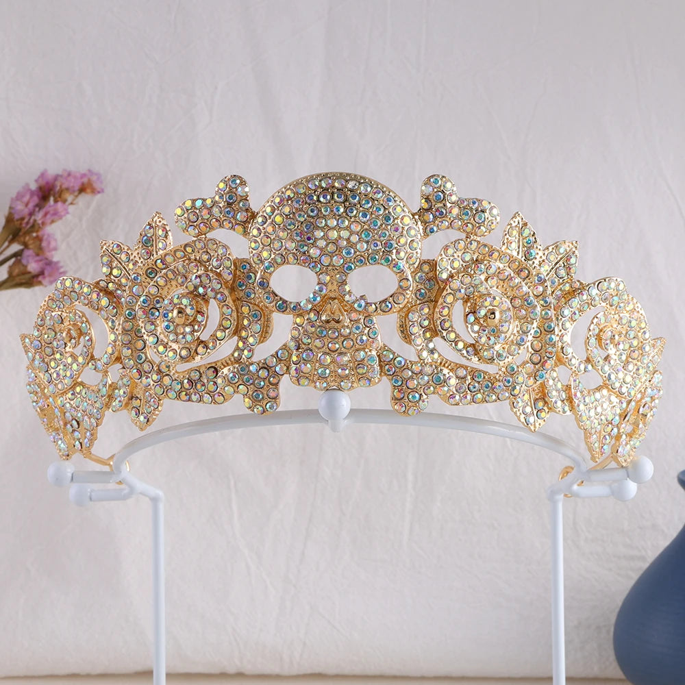 Baroque Vintage Full Rhinestone Skull Bridal Tiaras Crown Women Headbands Halloween Carnival Party Didem Hair Dress Accessories - EUFASHIONBAGS