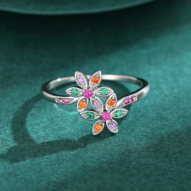 Delicate Double Flower Finger Ring Female Bright Zirconia Jewelry for Engagement Graceful Silver Color Daily Accessories