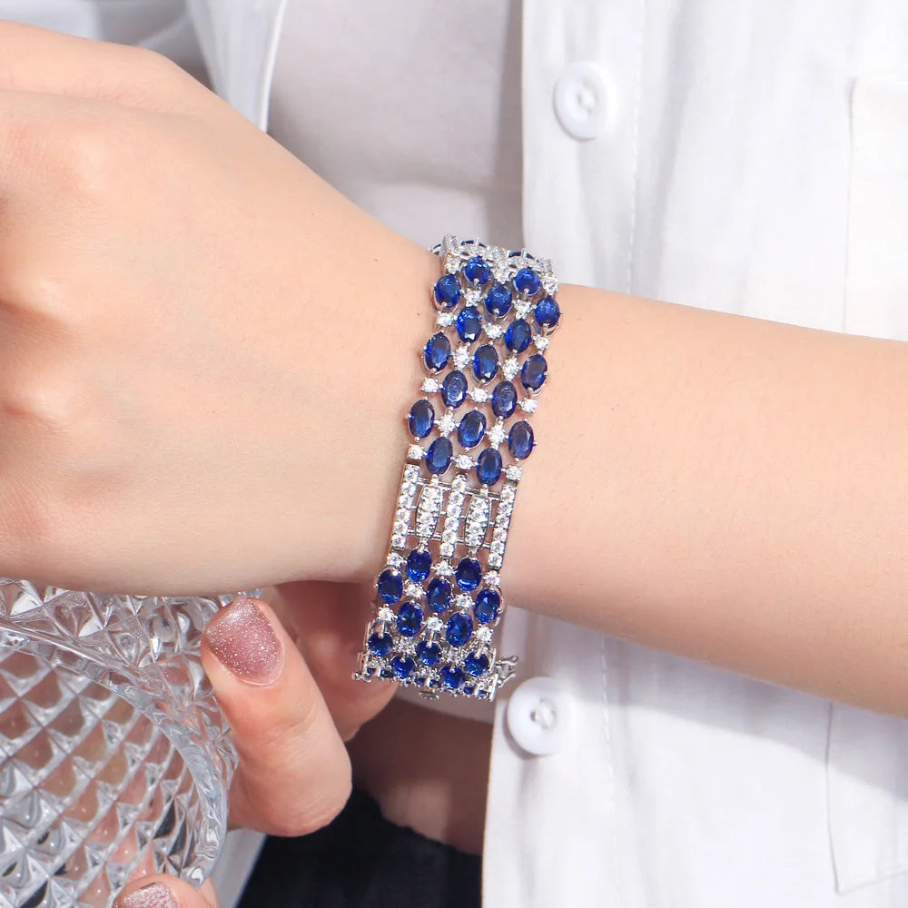 Glamorous Chunky Oval Round Royal Blue Cubic Zirconia Crystal Big Luxury Bracelets for Women Wedding Event