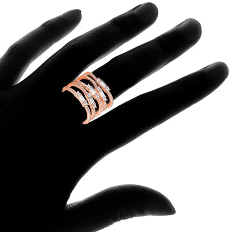 Luxury Multilayer Finger Ring Lady Gorgeous Wedding Party Jewelry with Shiny Zirconia Rose Gold Color Accessories