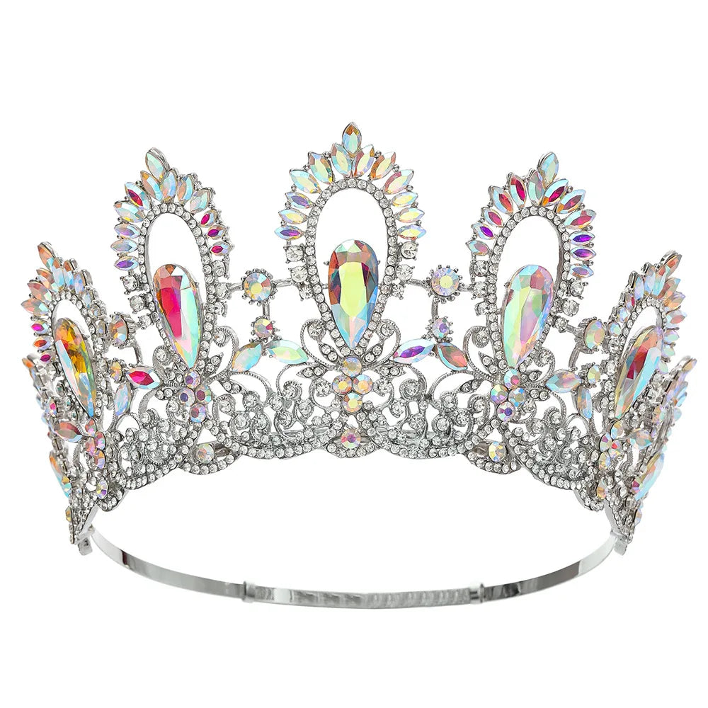 Baroque Miss Universe Crystal Feather Round Bridal Tiaras Crowns Royal Queen Rhinestone Pageant Diadem Wedding Hair Accessories - EUFASHIONBAGS