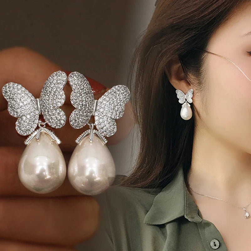 Aesthetic Butterfly Earrings with Pear Imitation Pearl Exquisite Earrings for Women Wedding Party Luxury Trendy Jewelry