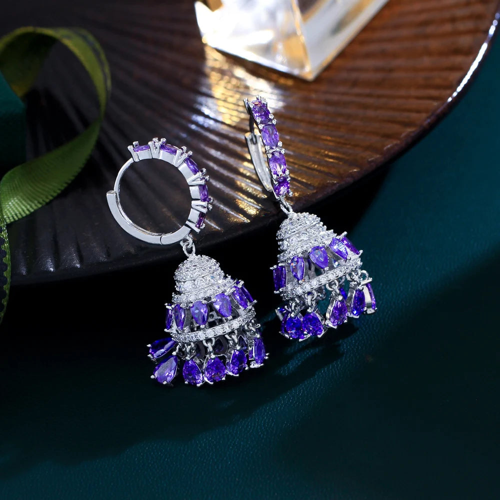 Luxury Purple Cubic Zirconia Chandelier Dangle Water Drop Long Jhumkas Earrings for Women Wedding Party Jewelry - EUFASHIONBAGS