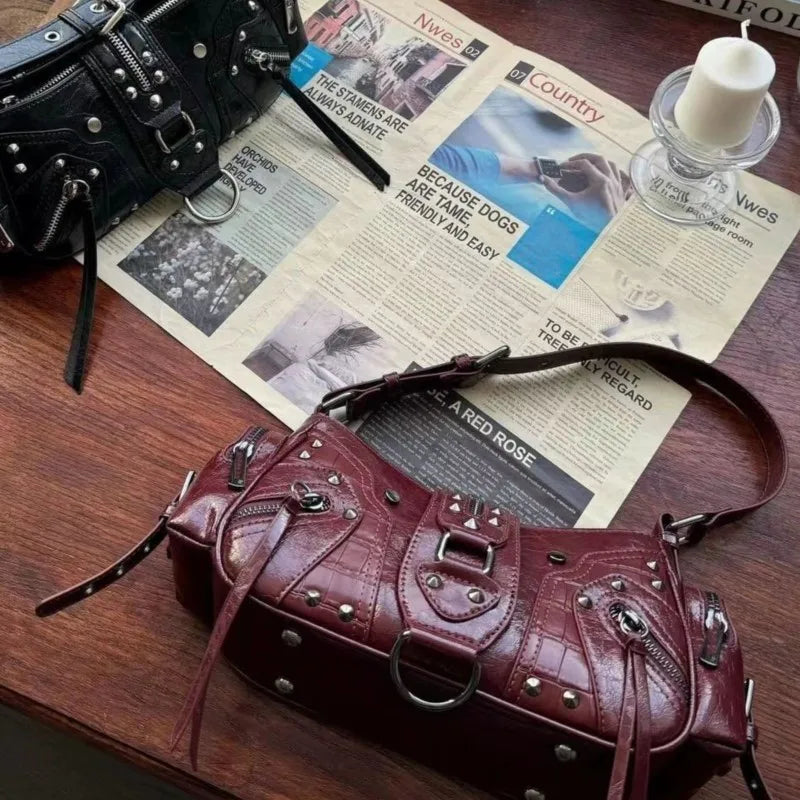 Vintage Black Y2k Shoulder Bags Women Sweet Cool Hot Girls Rivet Pu Leather Handbag Ladies Moto Biker Underarm Bag Chic - EUFASHIONBAGS