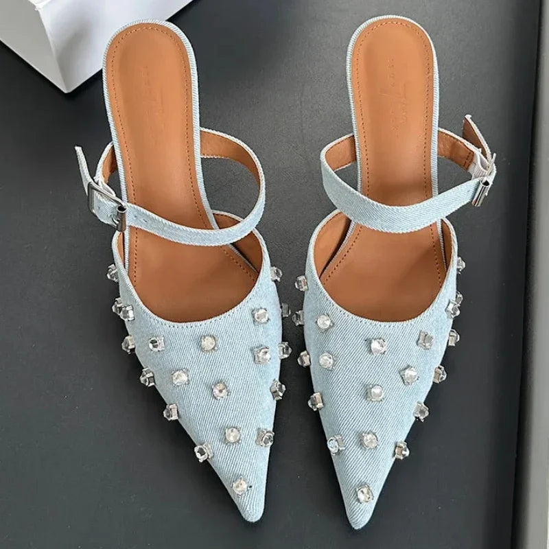 Luxury Rhinestone Mules Pumps Women 2025 New Summer Sexy Pointed Toe Thin High Heels Sandals Ladies Crystal Brand Slippers Women