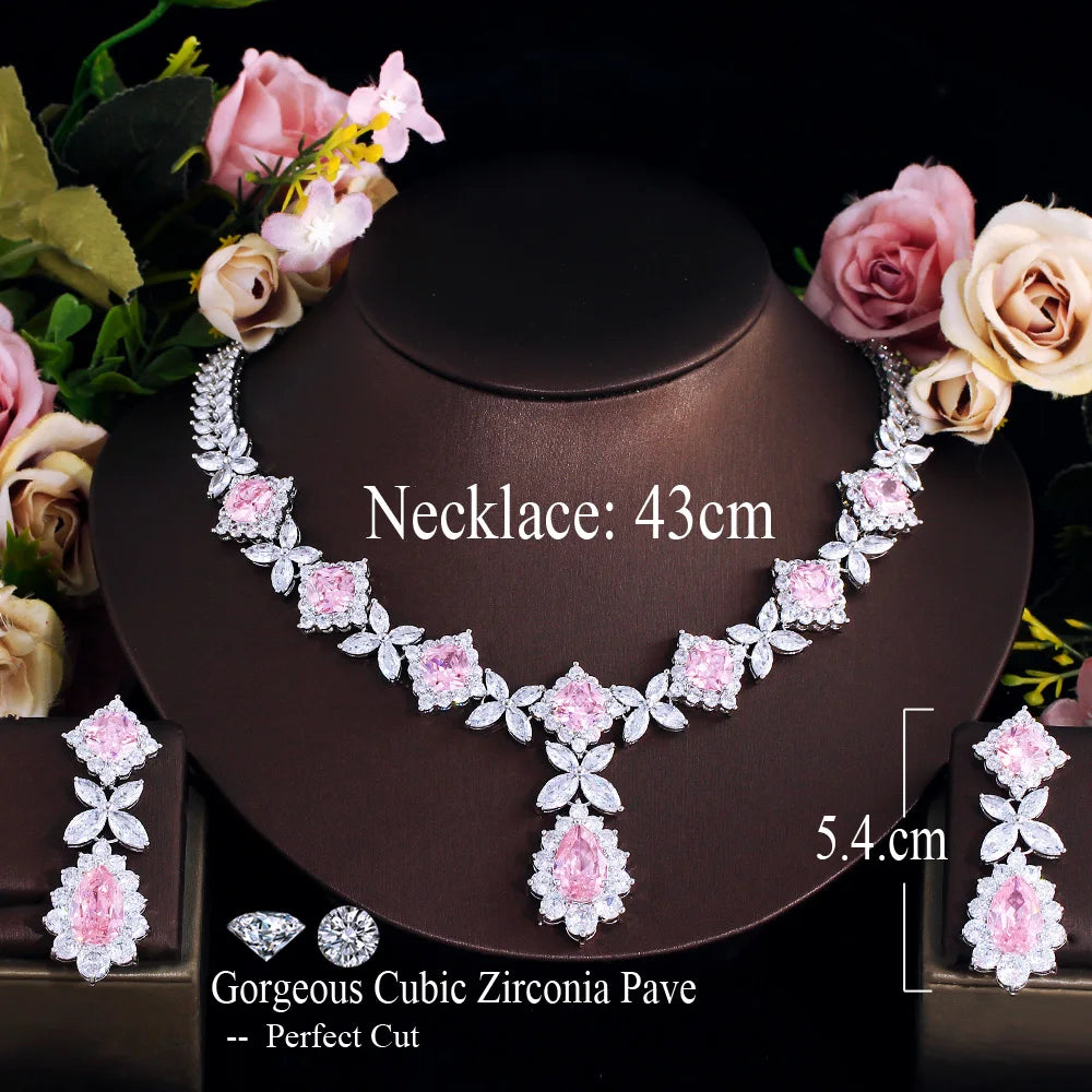 Luxury Super Gorgeous Leaf Drop Pink Cubic Zirconia Wedding Bridal Necklace Earrings Top Jewelry Sets for Brides - EUFASHIONBAGS