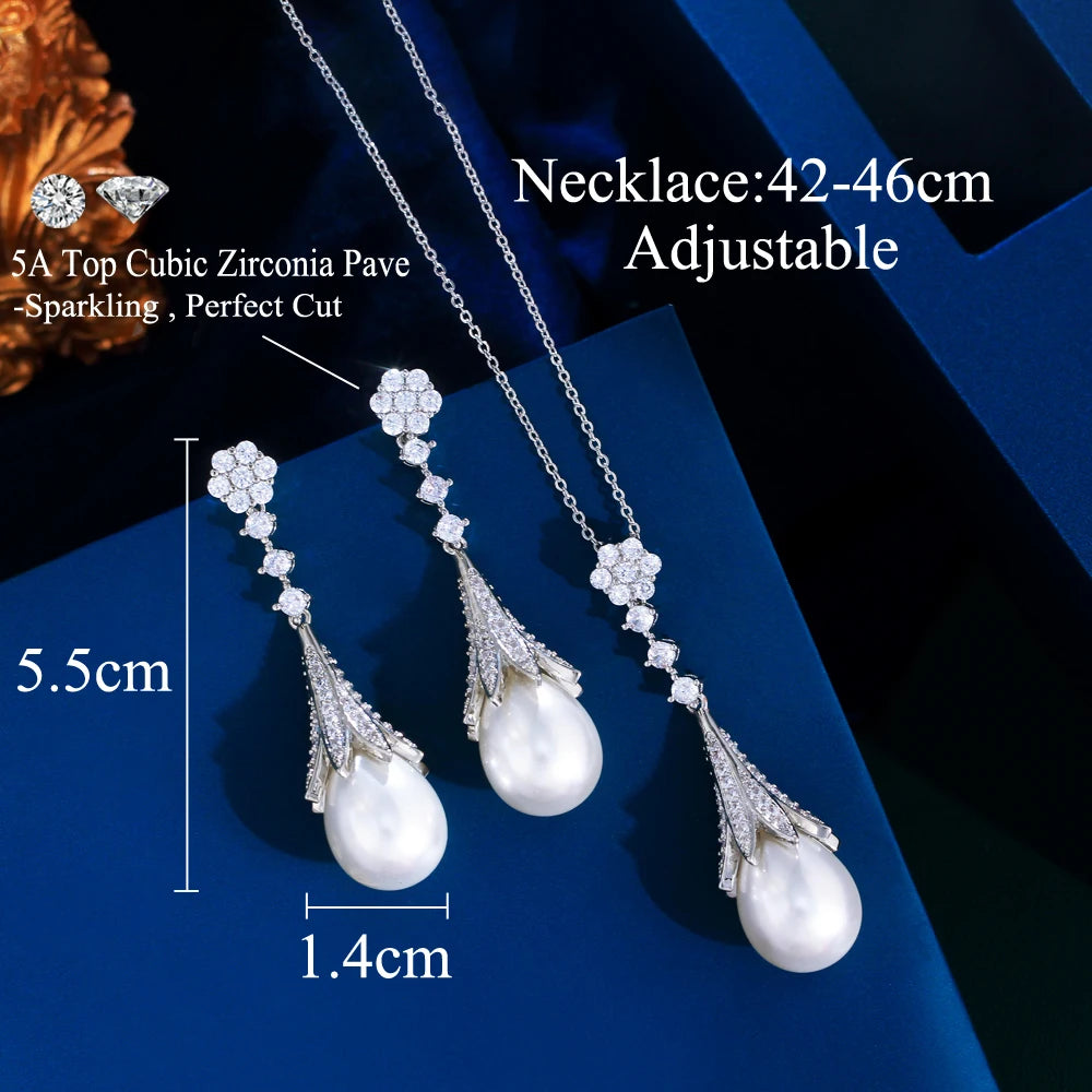 Chic White Cubic Zircon Long Dangle Drop Leaf Pearl Pendant Necklcae and Earrings Women Daily Party Jewelry Set - EUFASHIONBAGS