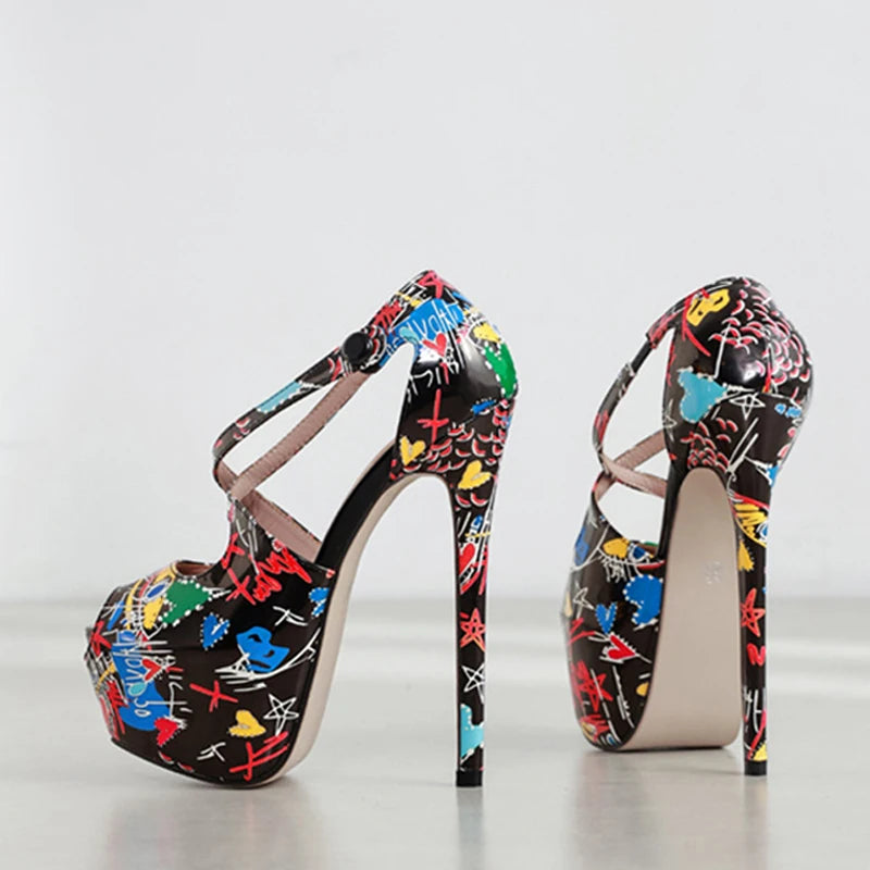 Hand-Painted Leather Platform Pumps Women Sexy Peep Toe 16CM Extreme High Heels Stiletto Party Banquet Shoes