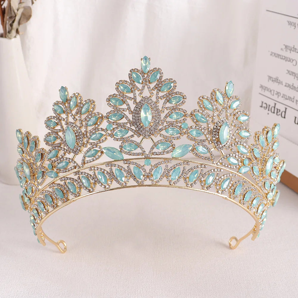 Baroque Pink Opal Wedding Big Crown Princess Headdress Crystal Bridal Tiaras Rhinestone Diadem Wedding Hair Jewelry Accessories - EUFASHIONBAGS