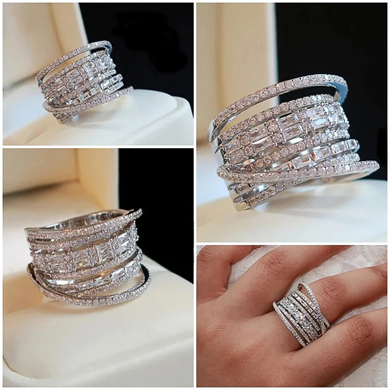 Fashion Multilayered Shiny Zirconia Ring Luxury Female Wedding Party Jewelry Gorgeous Wide Finger Accessories for Women