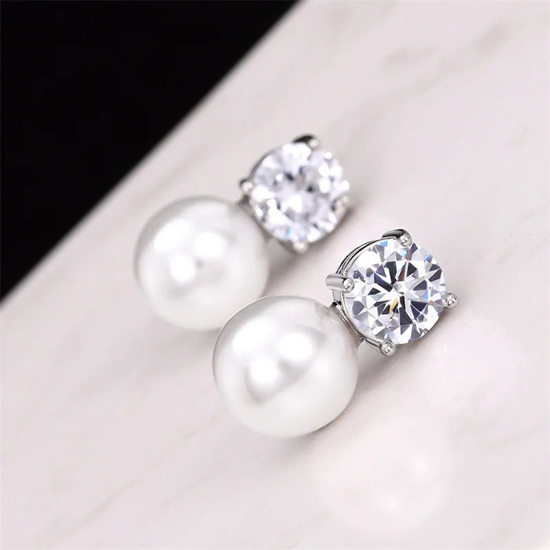 Dainty Women Imitation Pearl Stud Earrings Silver Color Eternity Wedding Earrings Daily Wear Temperament Elegant Jewelry