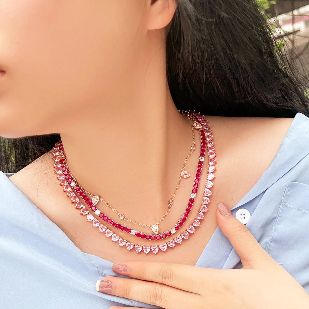 Real 5A Fuchsia Red Cubic Zirconia Shiny Round CZ Tennis Chain Link Necklace for Women Summer Party Jewelry - EUFASHIONBAGS