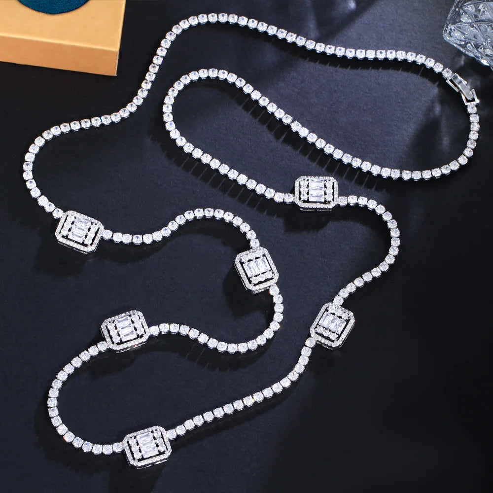 Bling Baguette CZ Cubic Zircon Pave Silver Color Women Long Sweater Chain Necklace Dubai Bridal Prom Jewelry - EUFASHIONBAGS