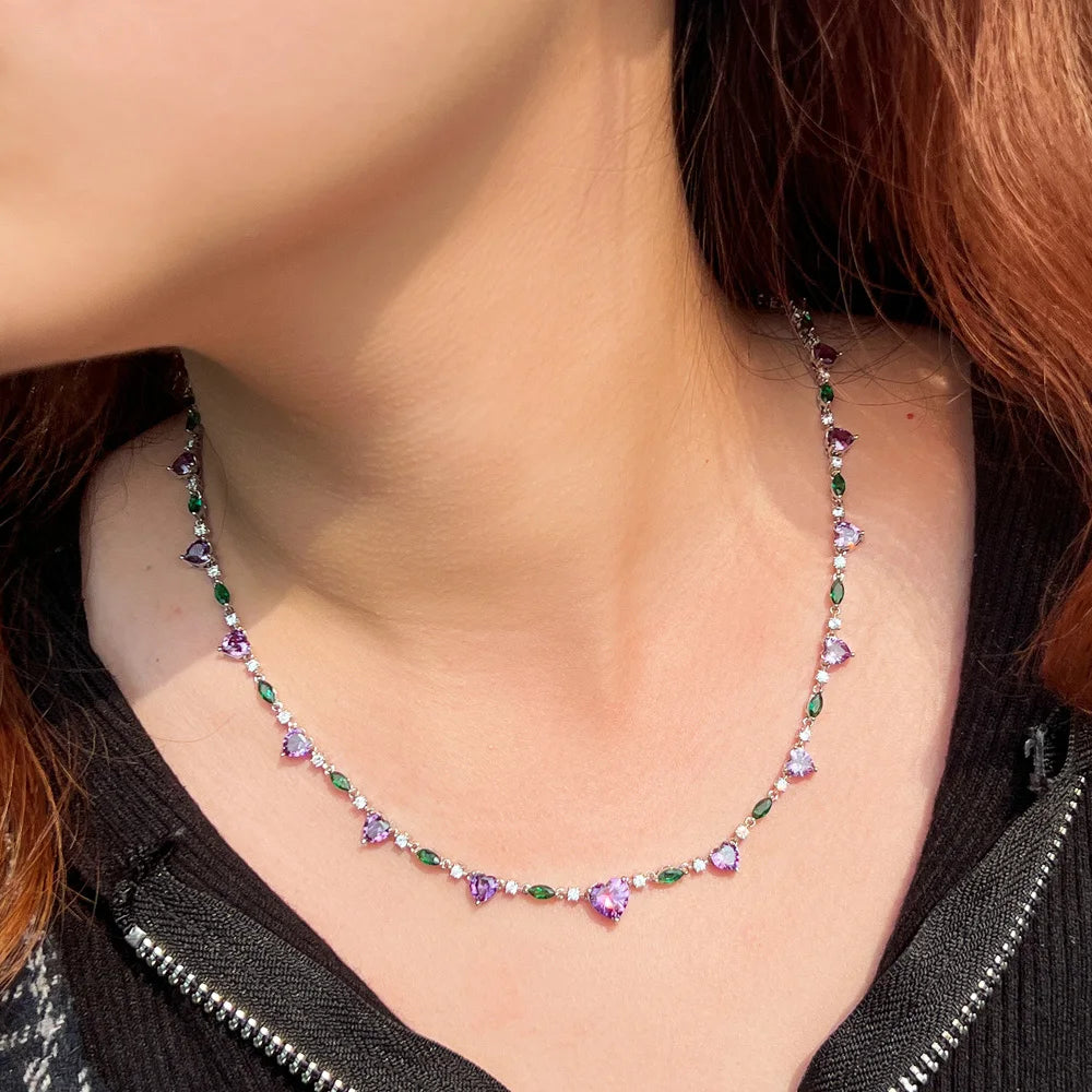 Heart Shape Purple Green Cubic Zirconia Choker Chain Link Tennis Necklace for Women Summer Party Jewelry Gift - EUFASHIONBAGS